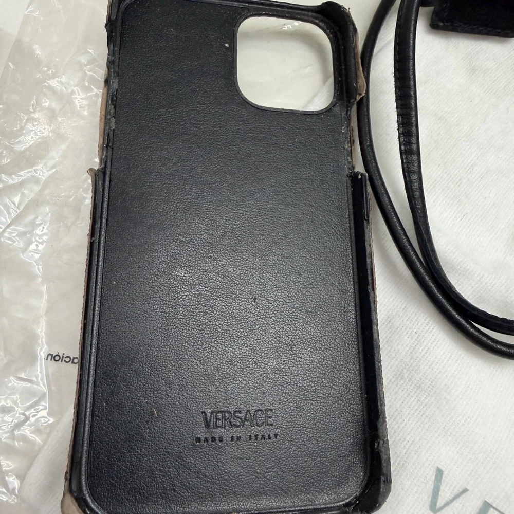 Versace Black Gray Patterned iPhone 12 hard cover with hand strap